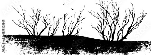 Black and white stencil illustration of dry tree branches in a natural landscape scene