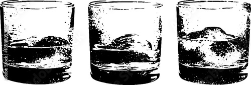Black and white stencil of etched glass tumblers with ice illustration
