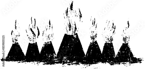 Black and white stencil illustration of flickering campfire scenery for design and print projects