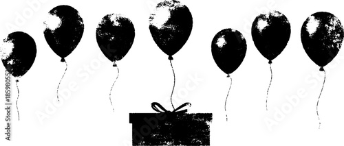 Black and white floating geometric balloons and gift box illustration for urban art design