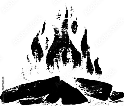 Black and white stencil illustration of flickering campfire for rustic design and decor