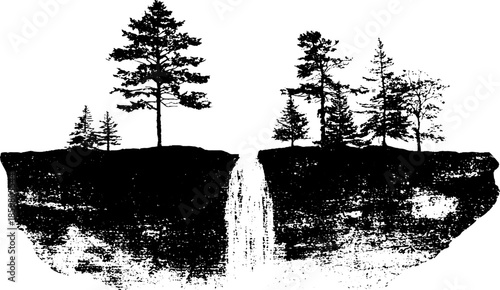 Black and white stencil illustration of floating islands with trees and waterfall for print or poster design