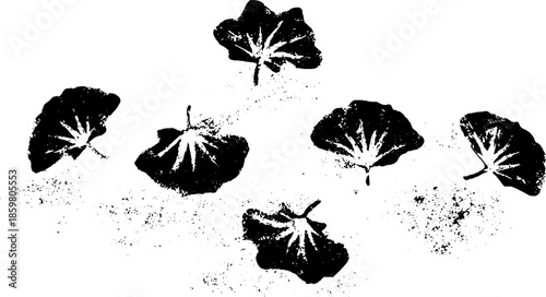 Black and white stencil art of floating leaves with textured details