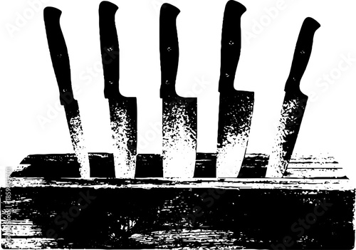 Black and white stencil illustration of forged chef knives in wooden block