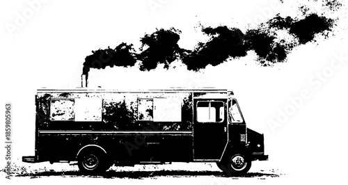 Black and white stencil illustration of a greasy flat top grill food truck scene