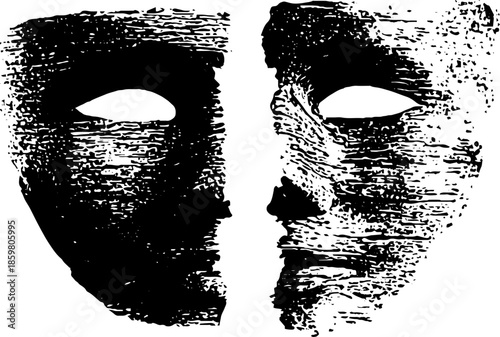 Abstract black and white stencil illustration of a hand-carved wooden mask design