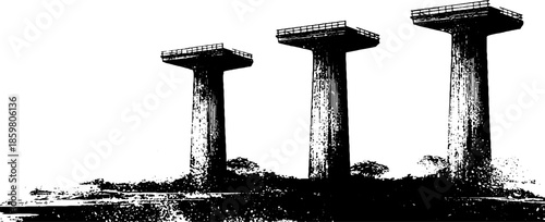 Black and white stencil illustration of heavy cantilevered structure for urban design concepts