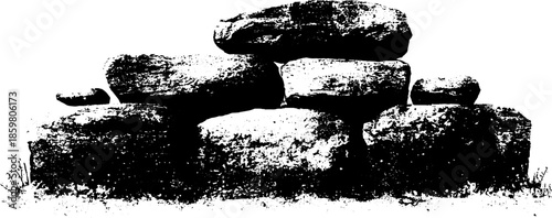 Black and white stencil illustration of frost-covered rocks for design and decoration
