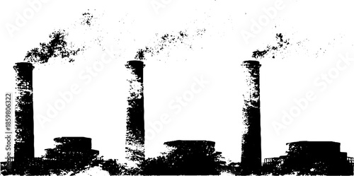 Industrial rooftop silhouette with chimneys and smoke in black and white stencil art