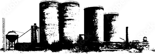 Black and white industrial silhouette of factory silos in stencil style