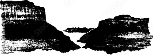 Black and white stencil illustration of layered desert canyon landscape for artistic design