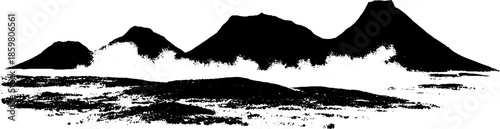 Monochrome stencil art of mountain silhouette with fog