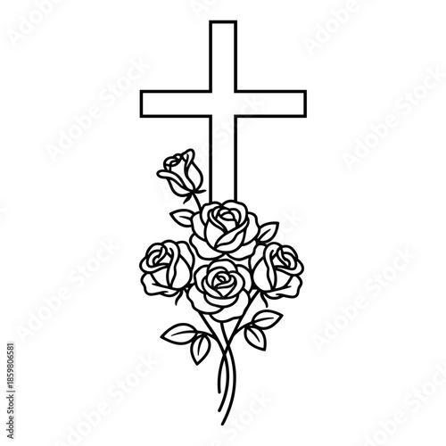 Cross with roses in line art style in black and white