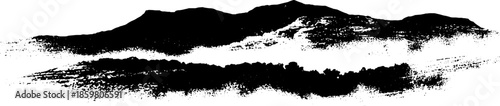 Black and white stencil of dramatic mountain landscape with layered fog