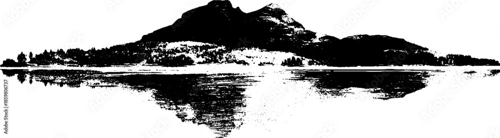 Naklejka premium Black and white stencil landscape illustration with mountain reflection
