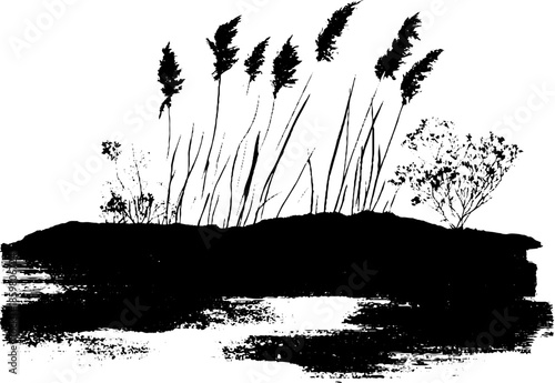 Monochrome stencil art of layered wetland scene with silhouetted reeds and vegetation