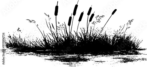 Black and white stencil illustration of layered wetland scene for nature design