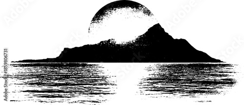 Black and white stencil of light reflecting on seascape horizon