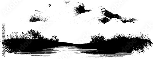 Black and white stencil of lightly rippled lake with clouds and vegetation