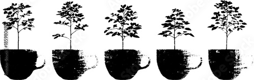 Black and white stencil art of miniature trees growing in teacups