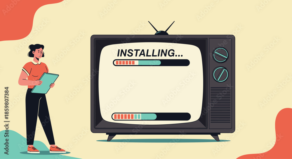 Naklejka premium Retro illustration of a woman watching an old television screen displaying an 'installing' progress bar, symbolizing updates or waiting.
