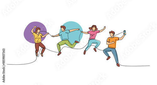 Continuous one-line drawing of four happy young people jumping and dancing together while listening to music with shared earphones.