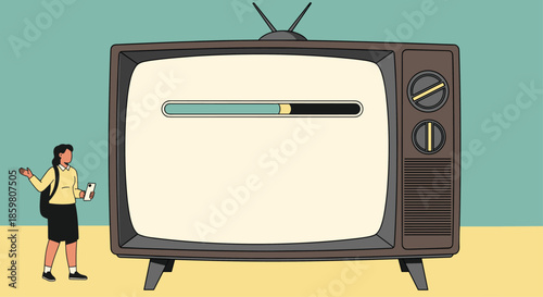 Conceptual illustration of a person waiting in front of a giant retro television that is displaying a progress or loading bar on its screen.