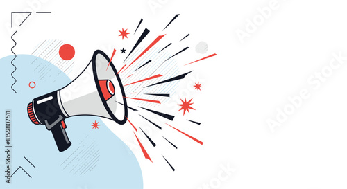 Modern flat design illustration of a megaphone making an announcement with abstract shapes and lines, on a background with copy space.