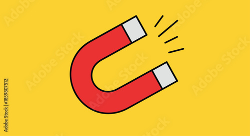 Simple and bold icon of a red horseshoe magnet with radiating lines on a bright yellow background, representing attraction and magnetism.