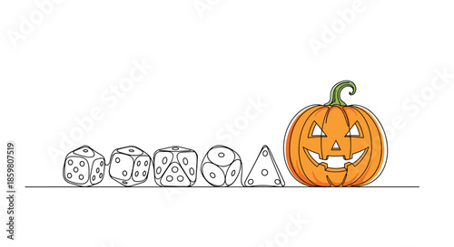 Continuous line drawing of various game dice leading to a carved Halloween jack-o'-lantern pumpkin, blending concepts of chance and holiday.