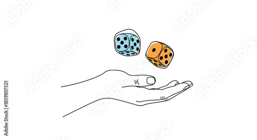 Minimalist line art of a hand tossing two colorful dice into the air, representing concepts of luck, risk, and chance.