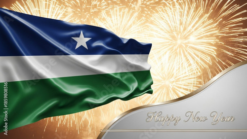 Niger delta flag waving with fireworks in the background