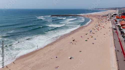 Aerial view of Praia da Baia beach in Espinho Portugal on a sunny summer day