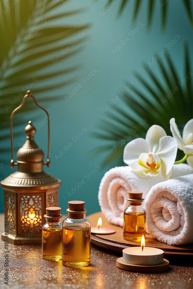 Obraz premium Moroccan Spa Setup with Orchids and Lantern