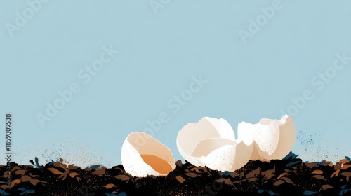 Minimalist illustration of eggshells resting on rich compost soil, showcasing natural textures and colors, symbolizing growth and renewal in a serene environment