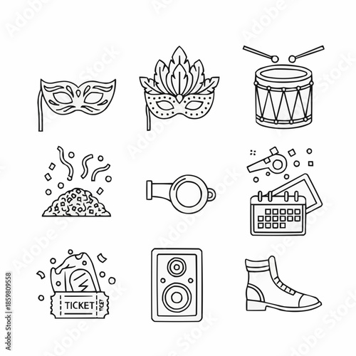 Minimal black-and-white outline icon set for Brazilian Carnival