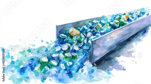 Watercolor illustration of crushed cans flowing along a conveyor belt, showcasing vibrant colors and textures, emphasizing recycling and environmental themes with copy space
