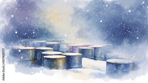 Watercolor illustration of oil barrels covered in snow, creating a serene winter landscape with soft blue and white tones, evoking a peaceful atmosphere in a snowy environment