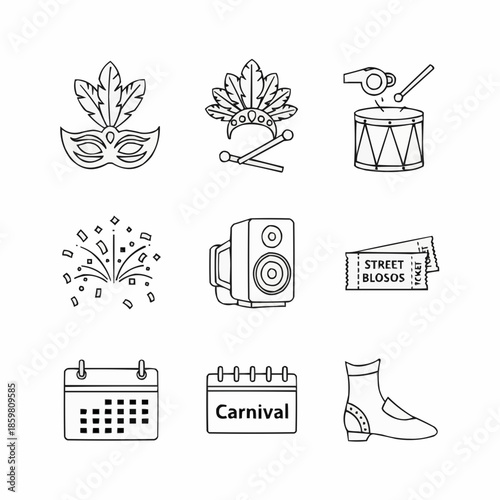 A collection of festive icons representing a vibrant carnival celebration with music, dance, and costumes
