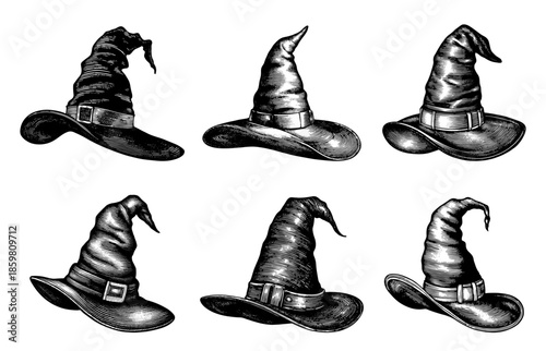 Set of witch hats in vintage woodcut style, black and white, for Halloween or magic concepts