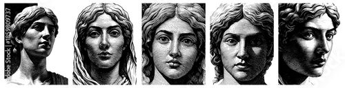 Set of Classical Female Portraits in Engraving Style, Black and White, Representing Ancient Greek and Roman Arе