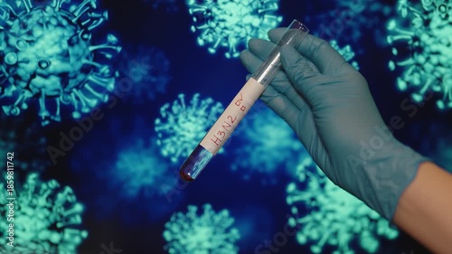 Gloved Hand Holding H3N2 Blood Sample for Virus Testing