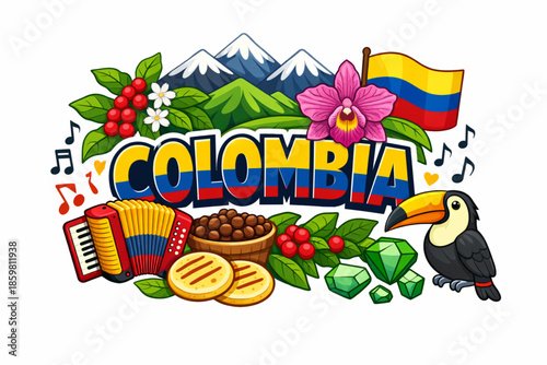 Colombia culture vector illustration with Andes mountains coffee music cuisine and national symbols