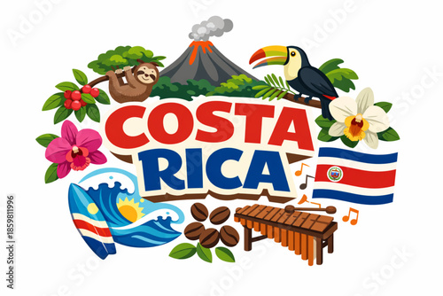Costa Rica culture vector illustration with volcano rainforest coffee music and national symbols