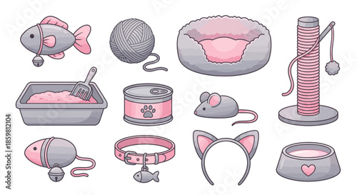 Assorted cat toys and accessories displayed on a clean white background