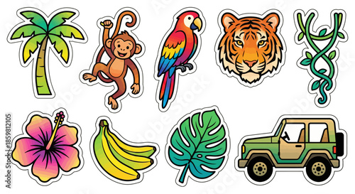 A vibrant collection of jungle stickers featuring animals and tropical plants from a close-up viewpoint.