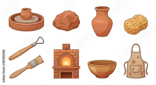 Assorted pottery and baking items surrounding a brick oven with clay, tools, and apron in a workshop setting