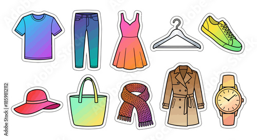 Collection of colorful clothing and accessories displayed on a white background