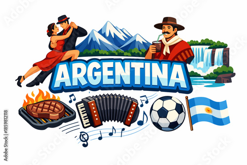 Argentina culture vector illustration with tango gaucho mountains waterfalls cuisine and national symbols