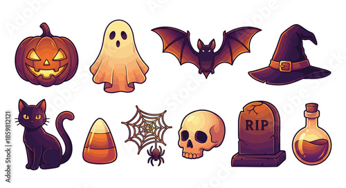 Halloween icons and symbols arranged in a grid showcasing spooky and festive elements
